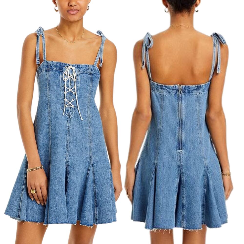 Re/Done Denim Flounce Mini Dress Boho Party Casual Preppy Festival Fall XS